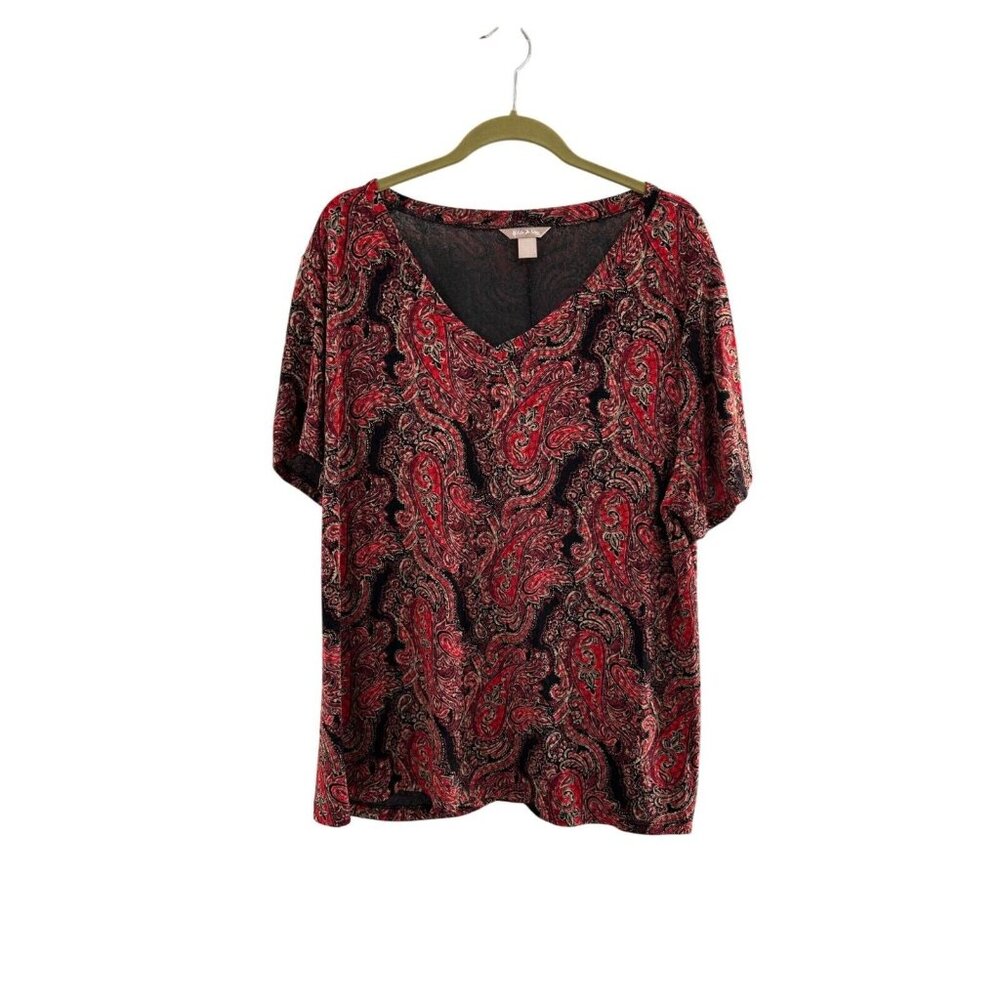 White Stag Womens 3X/22-24 Red & Black Paisley Short Sleeve Top Boho Western